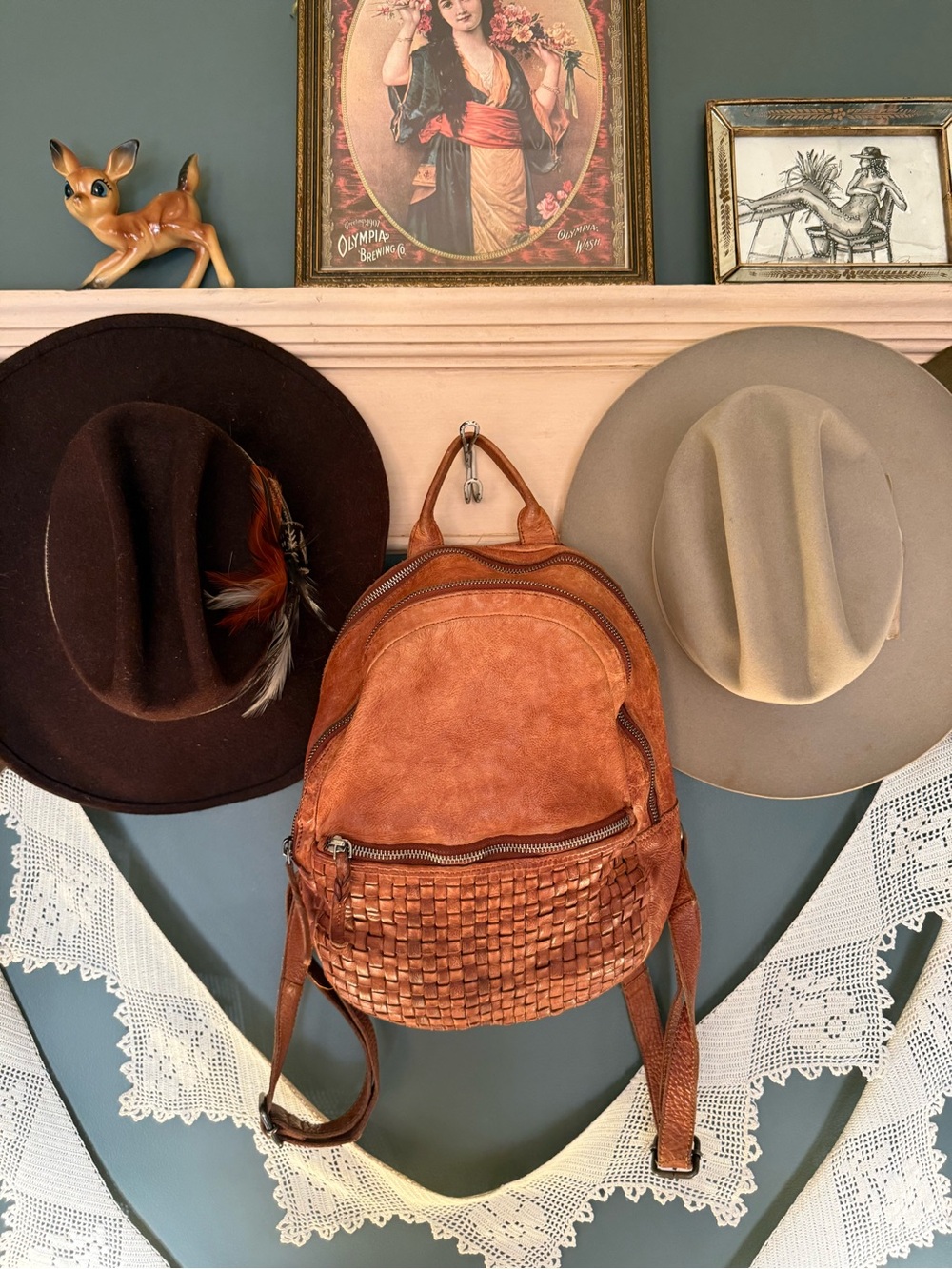 Free People Tan brown woven genuine soft leather Backpack